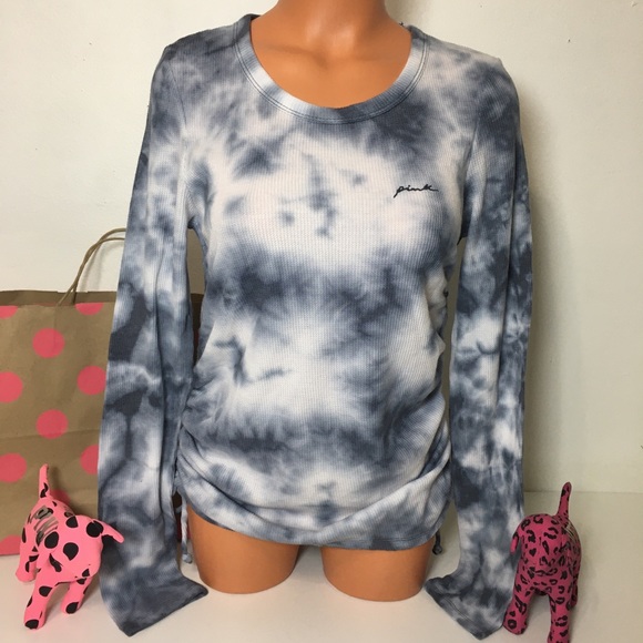 PINK VS WAFFLE KNIT TIE DYE RUCHED TIED SIDES TOP - Picture 2 of 7